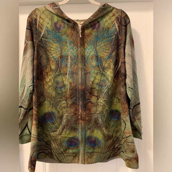 One World Women’s Hooded Full Zip Top Jacket Size 1X Peacock Sequins Design - Picture 1 of 3